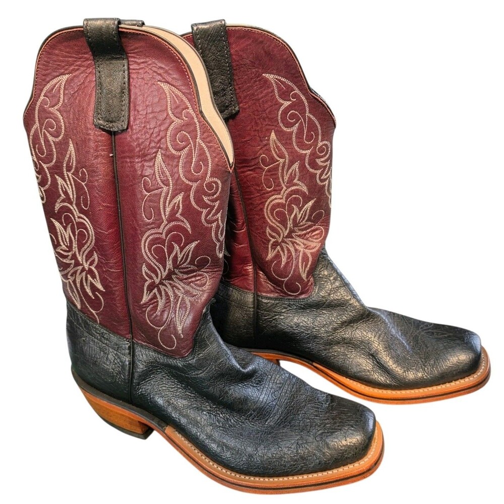 Olathe Cowboy Boots Men Size 13 Black Ostrich Leather Square Toe Burgundy Upper
